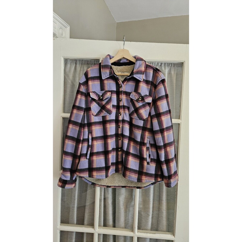 Sage Collective Womens Large Purple Plaid Fleece Sherpa Lined Jacket Shacket